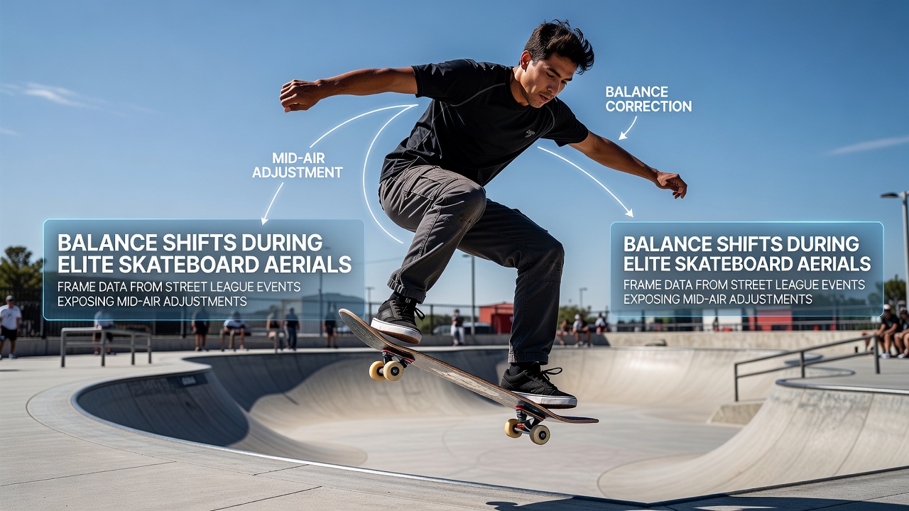 Frame capture showing skateboarder adjusting posture during an aerial maneuver at a Street League event