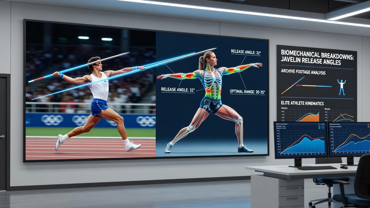 Side-by-side comparison of elite javelin athletes with release angle metrics from multiple Olympic events