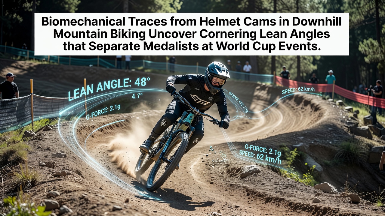 Helmet cam footage capturing a rider's lean angle during a high-speed corner at a World Cup downhill event