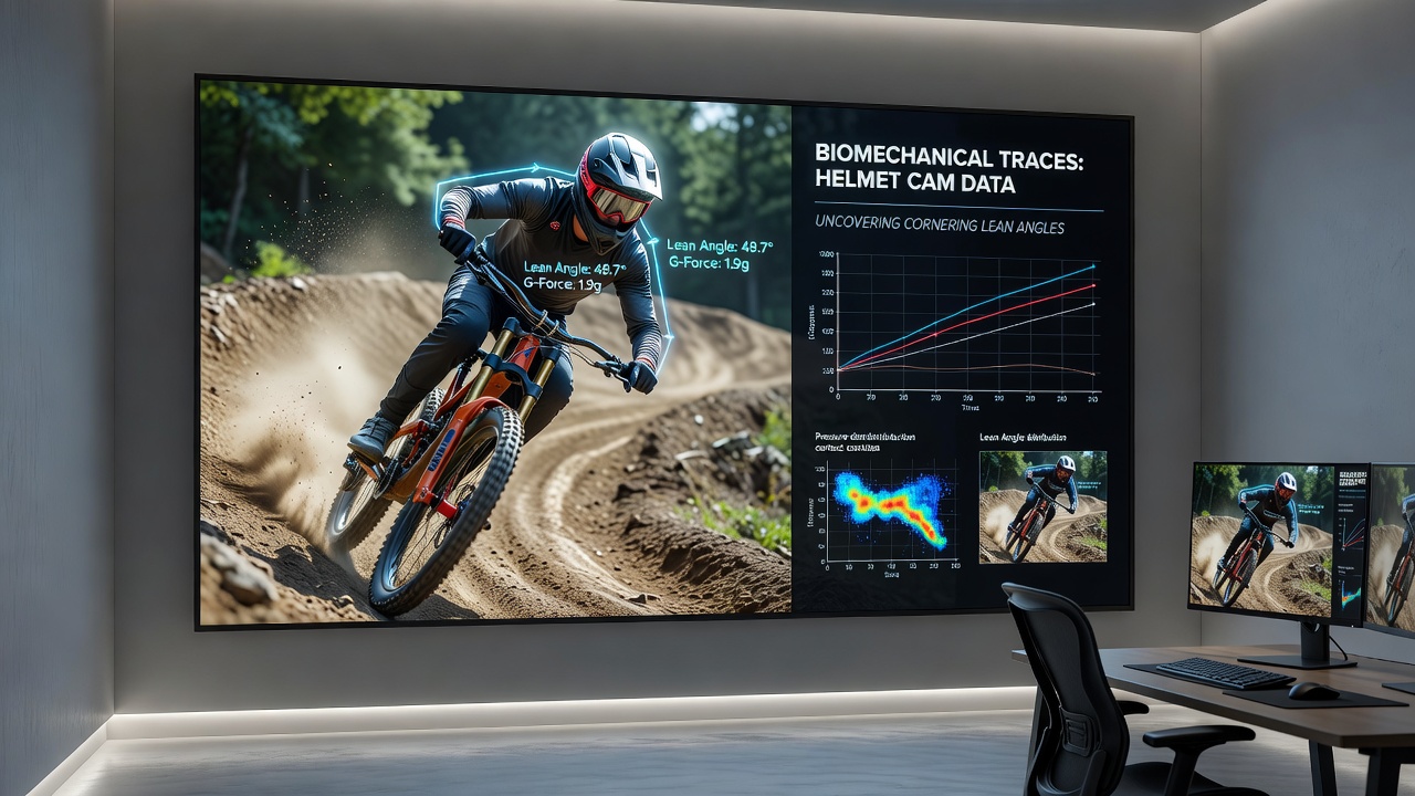 Split-screen comparison showing lean-angle overlays from two riders navigating the same corner during a World Cup downhill race