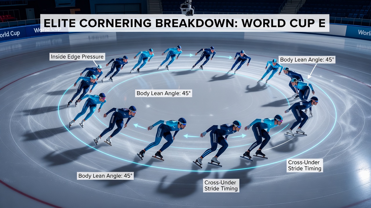 Detailed overhead frame sequence of a single skater's cornering mechanics with timing overlays from a World Cup race