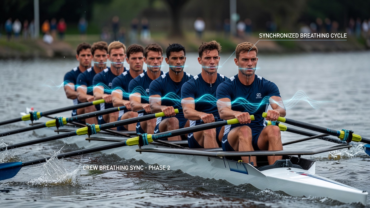 Close-up footage frame showing rowers exhaling in unison during the drive phase of a stroke