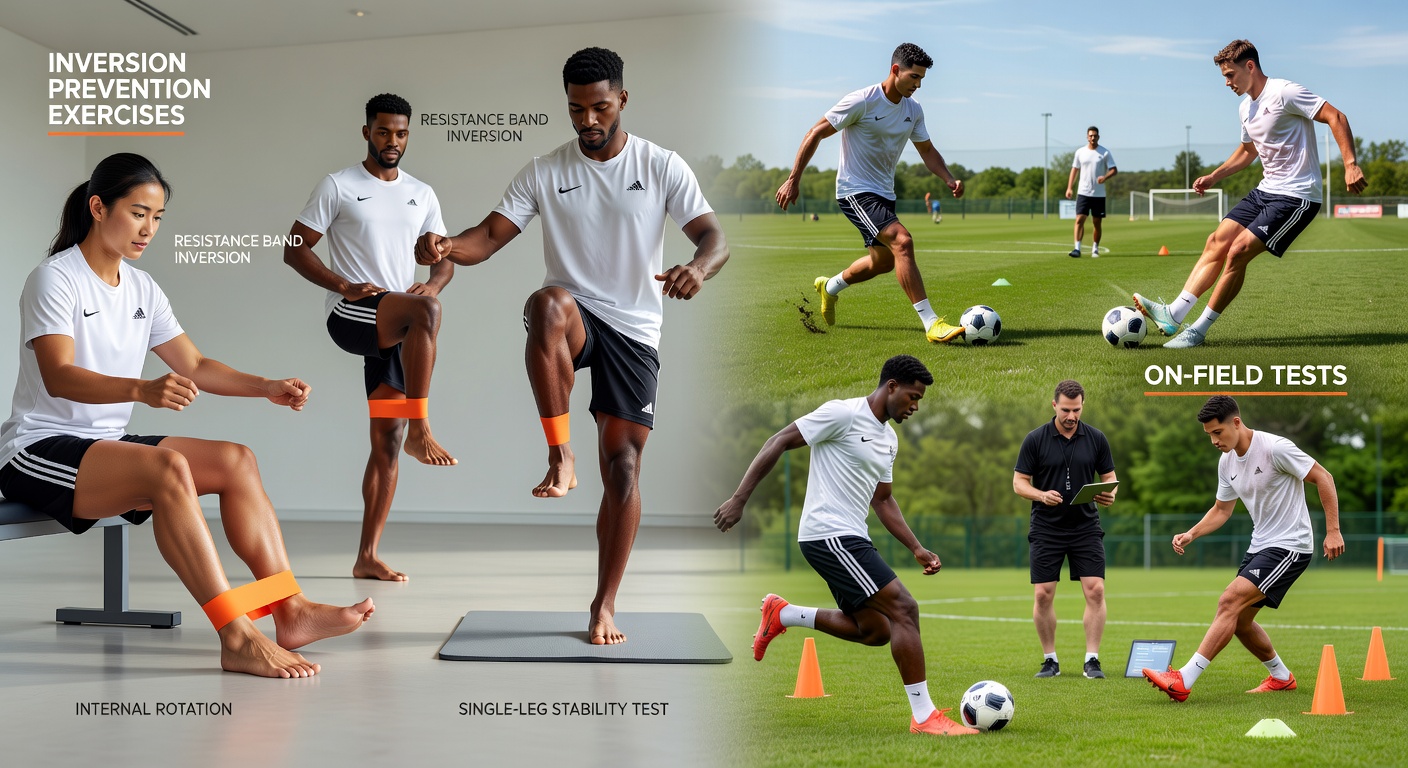Group of soccer players executing on-field ankle stability test with cones during practice