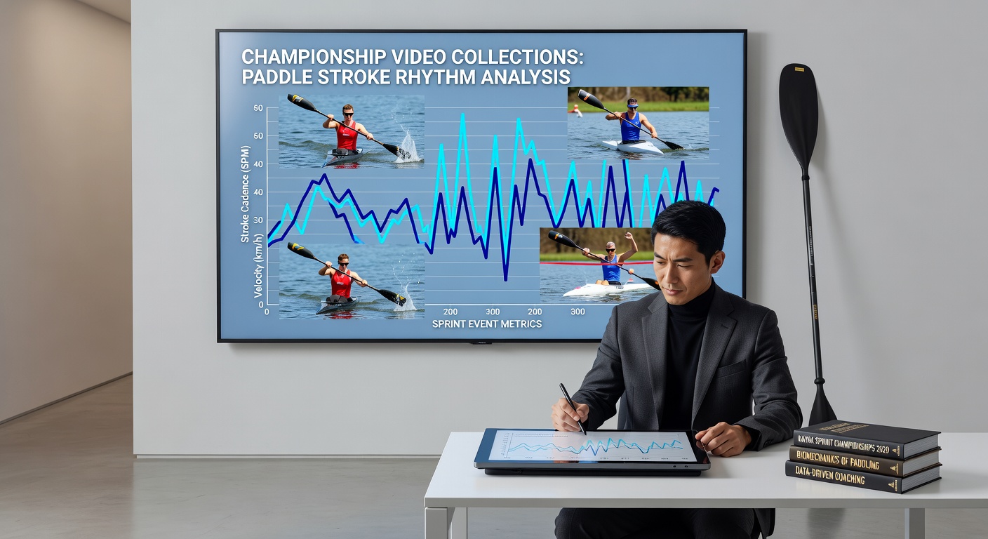 Kayak sprinter executing rhythmic paddle strokes during a championship race, captured in slow-motion video analysis