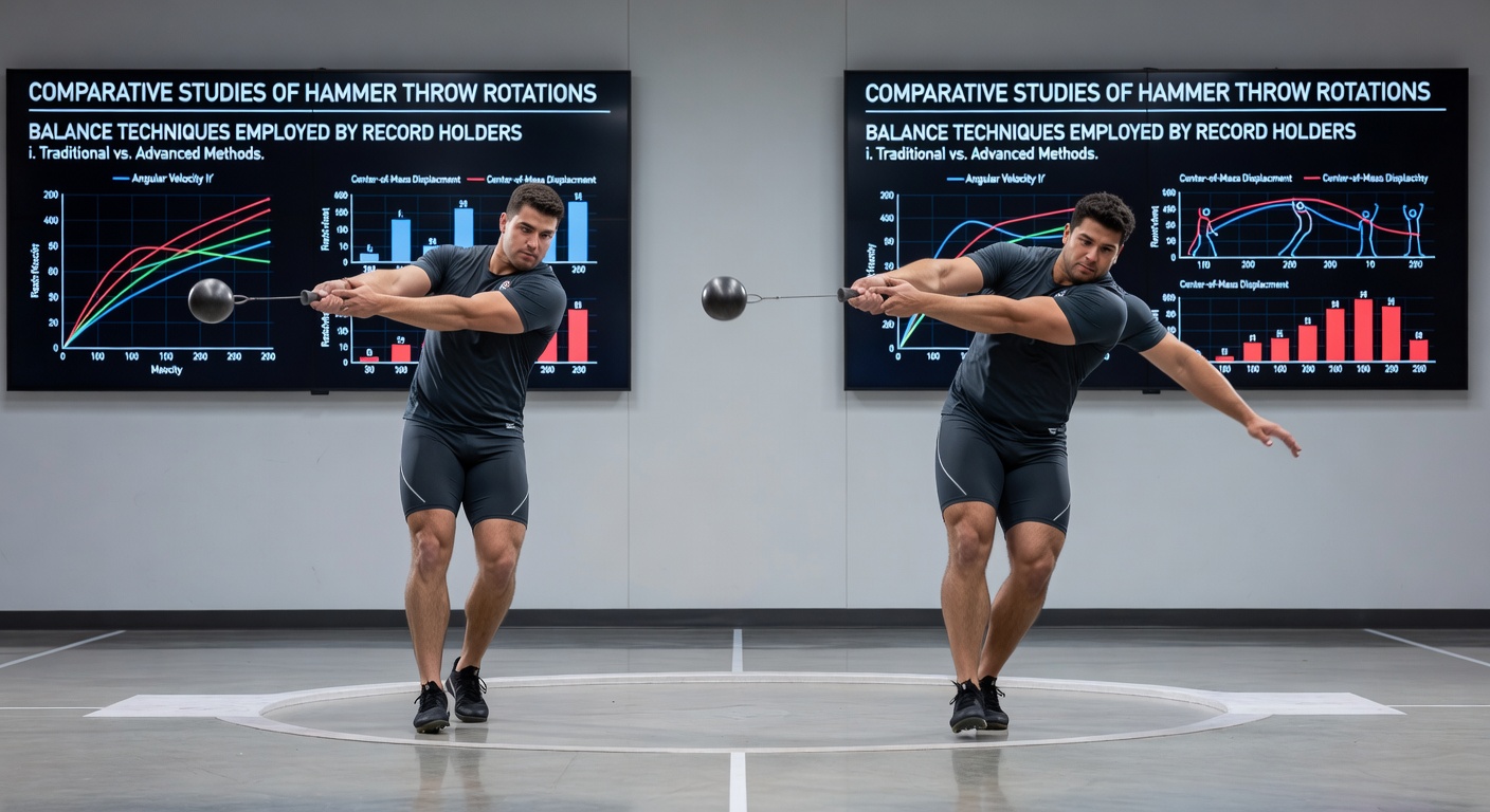 Side-by-side motion analysis of hammer throw rotations showing balance techniques from multiple record holders