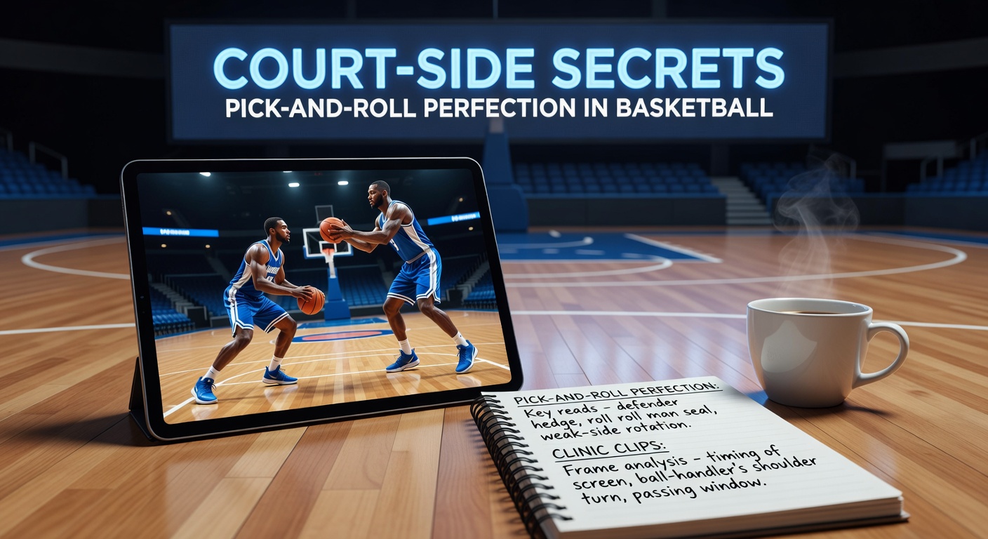 Frame-by-frame breakdown of a classic pick-and-roll play featuring a ball handler navigating a screen set by a rolling big man, highlighting defensive rotations in real time