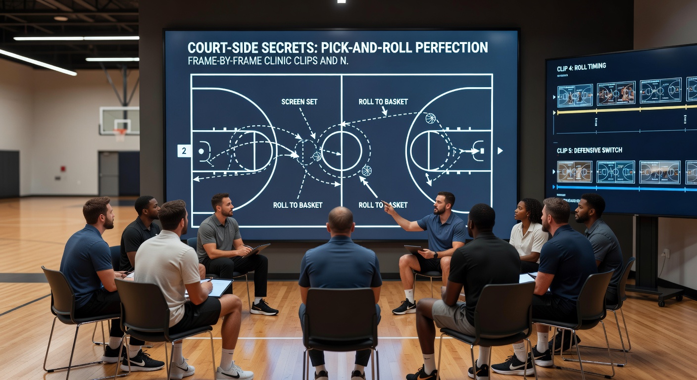 NBA scout annotating a pick-and-roll sequence on a tablet, with digital markers indicating roll angles, handler options, and defensive help rotations during a live clinic session