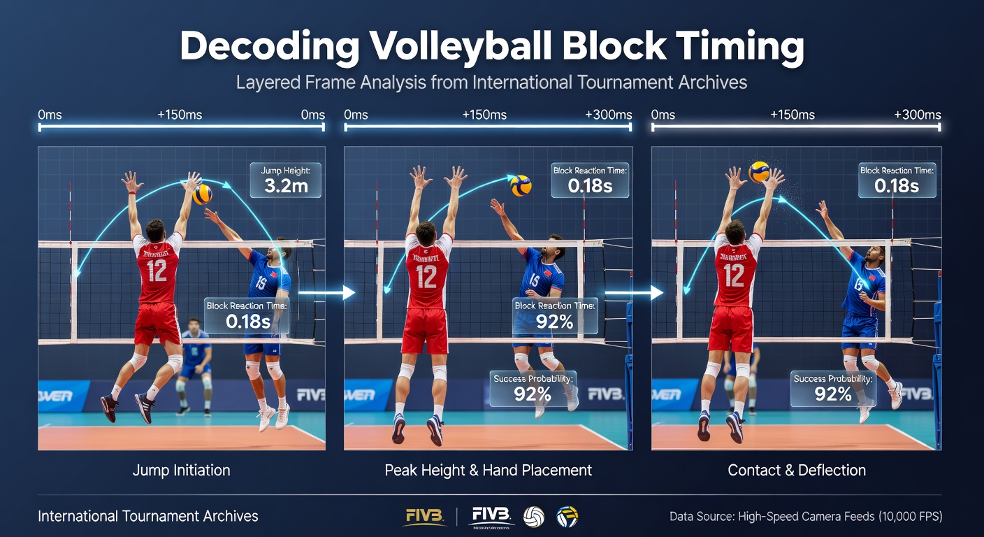 Layered frame breakdown showing volleyball block timing phases captured from tournament video archives