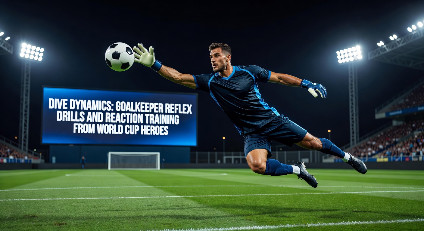 World Cup goalkeeper diving full stretch to block a fierce penalty shot, showcasing explosive reflex action