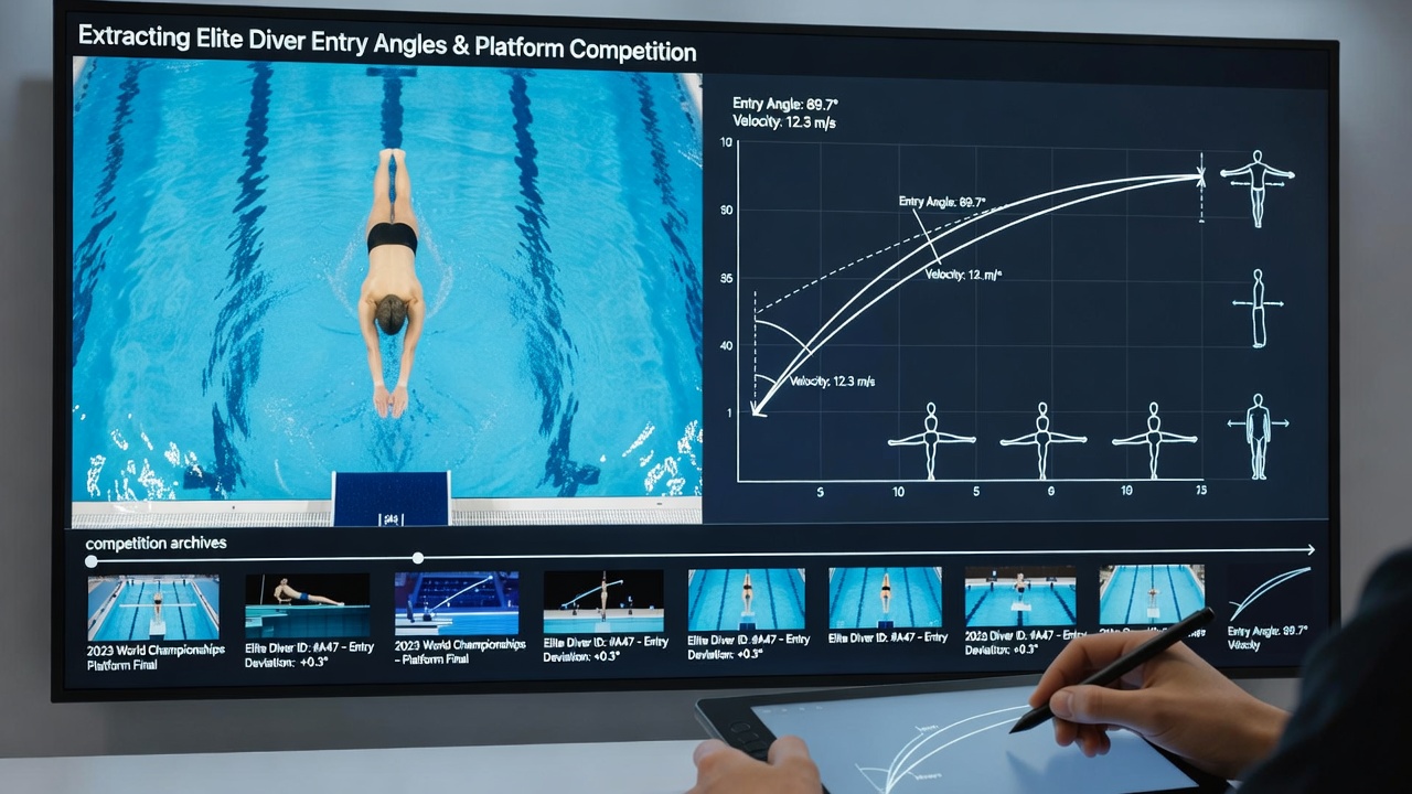 Overhead camera view capturing a platform diver's entry angle during competition