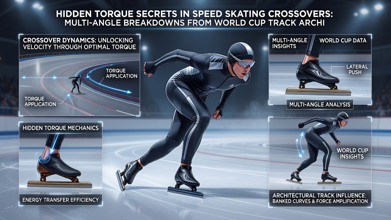Side and overhead angles illustrating stride efficiency improvements in speed skating crossovers from archived World Cup footage