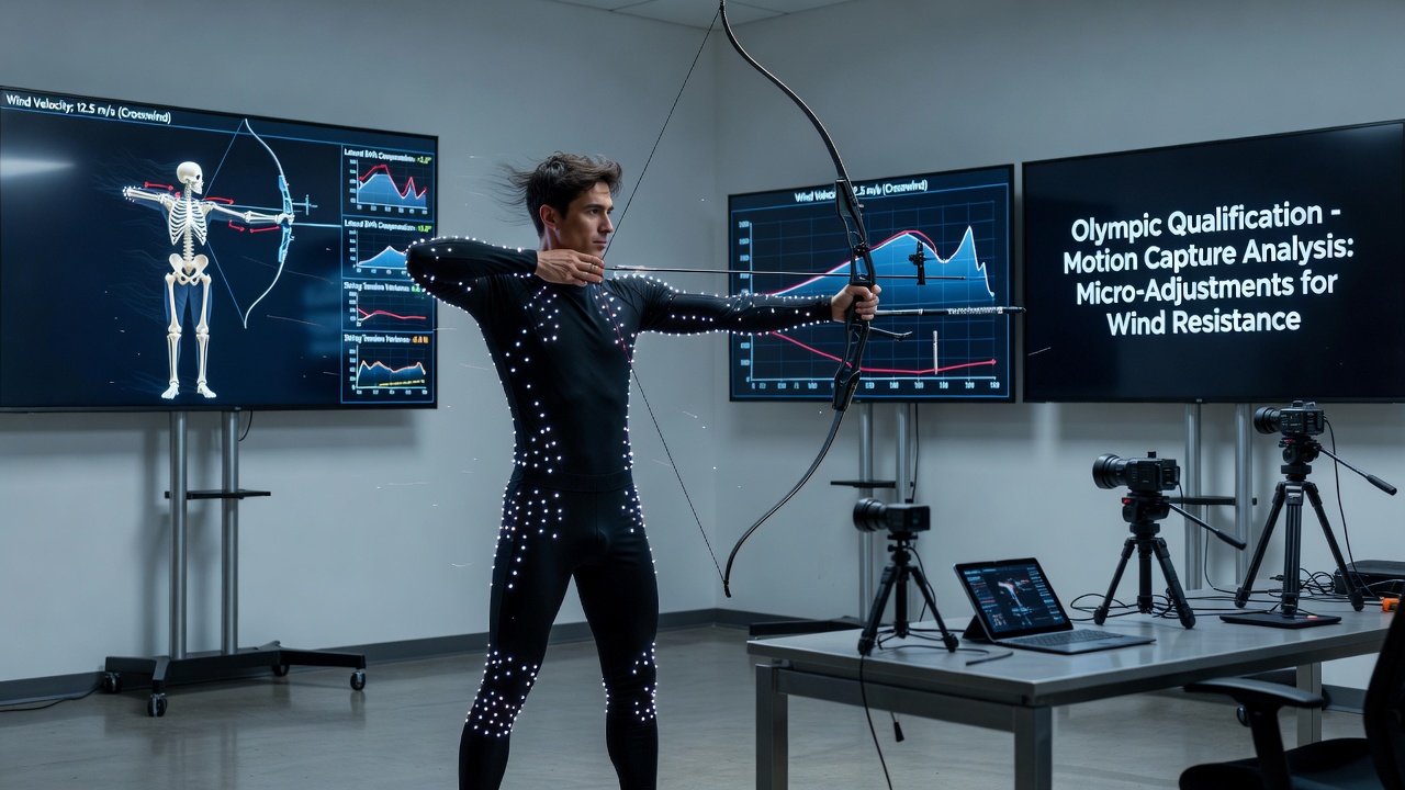Detailed motion capture overlay showing bow angle and body position adjustments in windy conditions