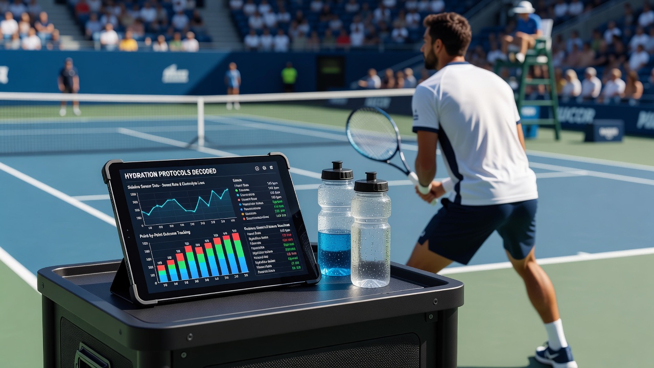 Close-up of tennis sideline sensor display showing hydration metrics overlaid with match statistics