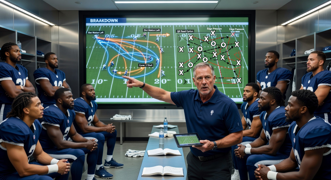 Animated replay showing a quarterback calling a play in the half-time huddle, with arrows illustrating receiver routes and defensive alignments