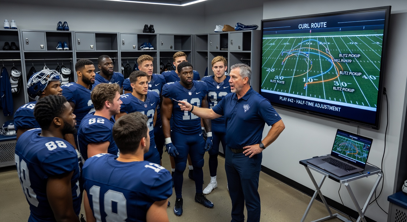 Coach in a half-time huddle using a tablet to break down defensive tendencies with animated overlays on player movements