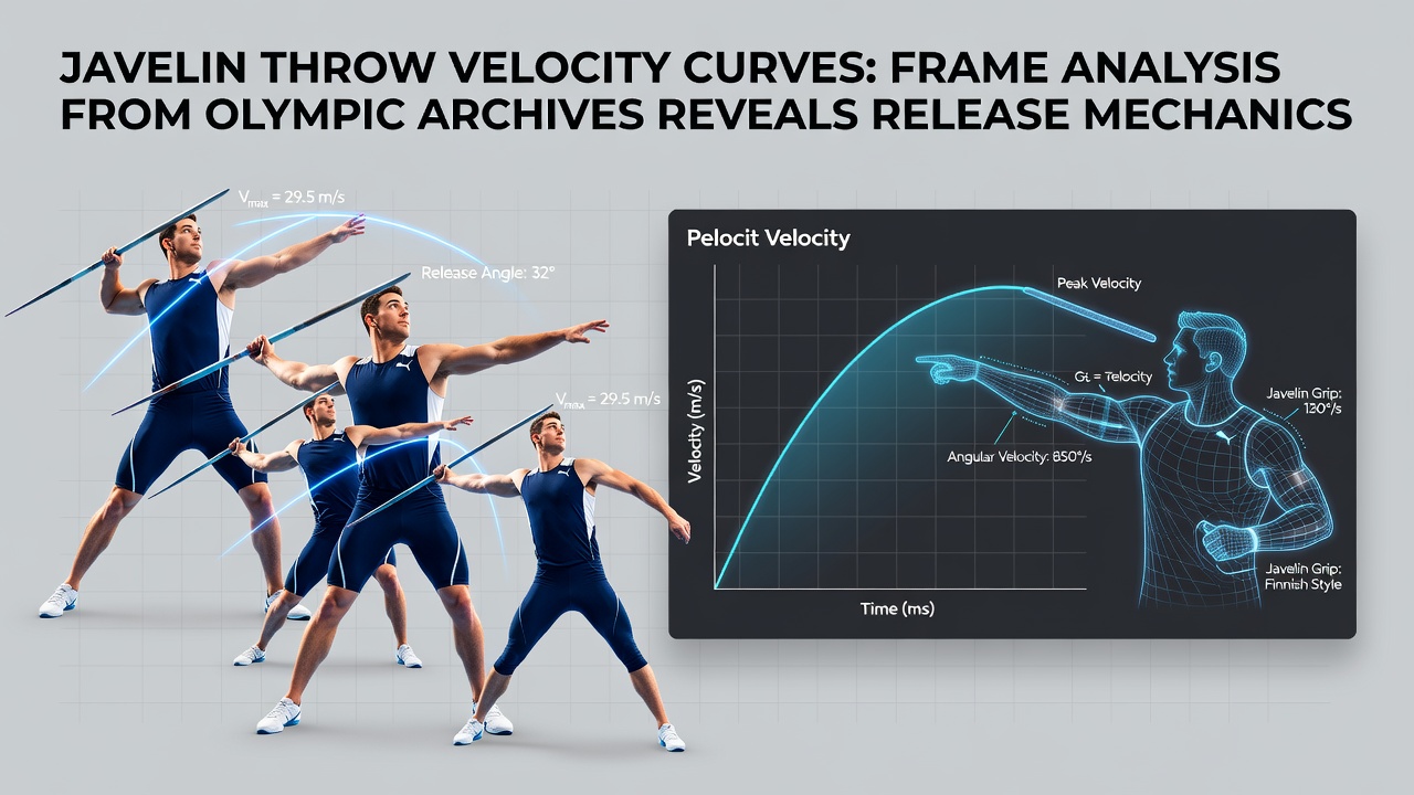Olympic javelin release mechanics captured in slow-motion frames with velocity curve overlays