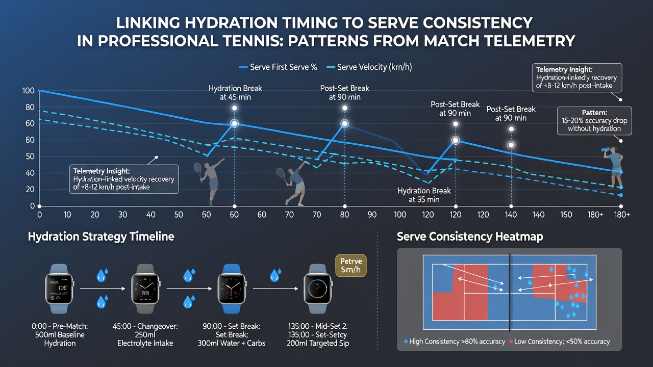 Close-up of tennis match telemetry display showing serve speed and hydration markers overlaid on court footage