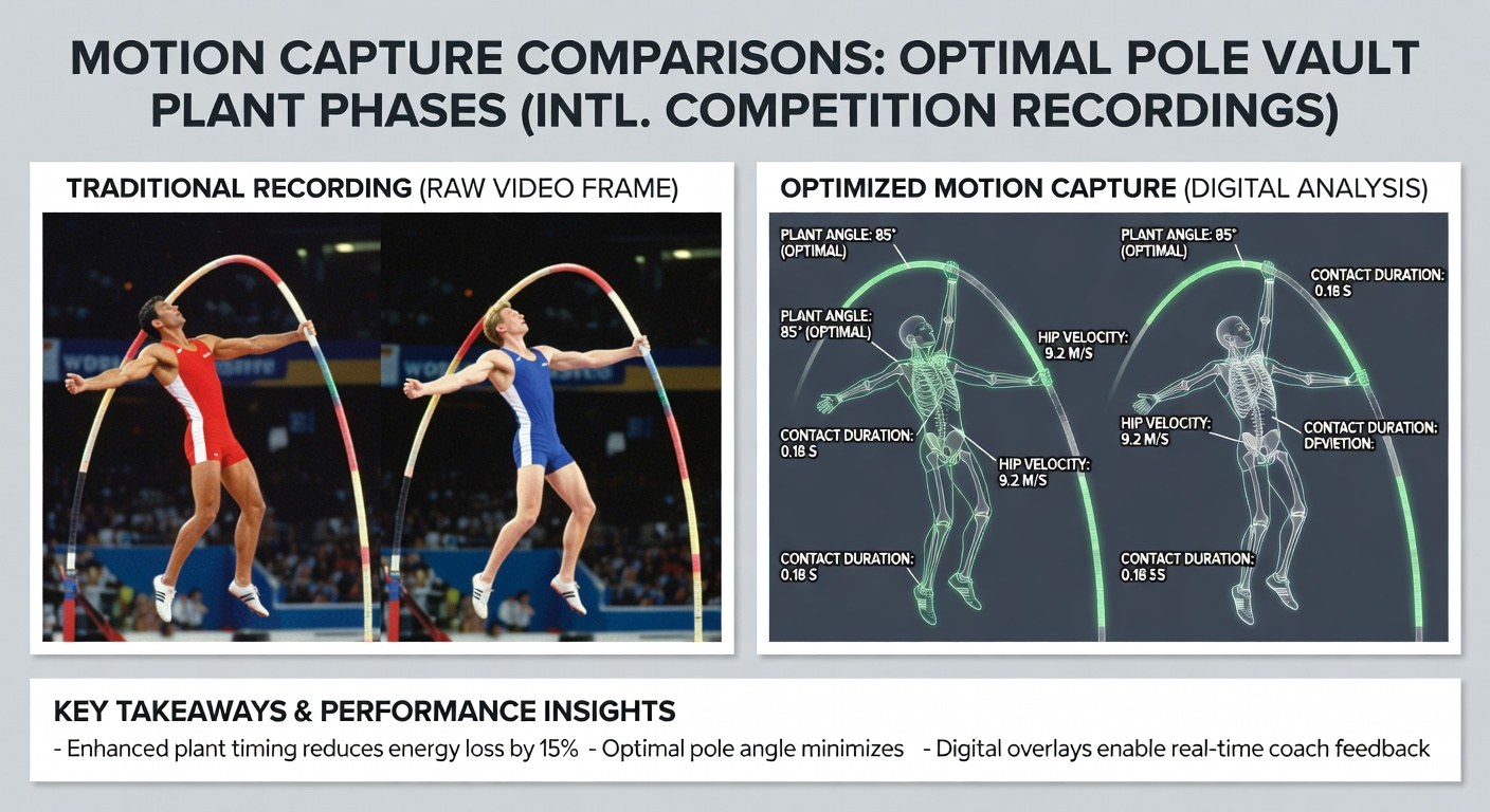 Motion capture data overlay showing pole vault plant phase alignment during an international competition