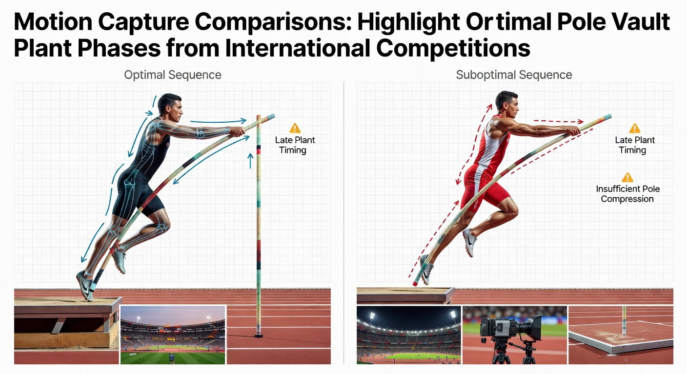 Side-by-side motion capture comparison of two athletes during pole vault plant phase at an elite meet