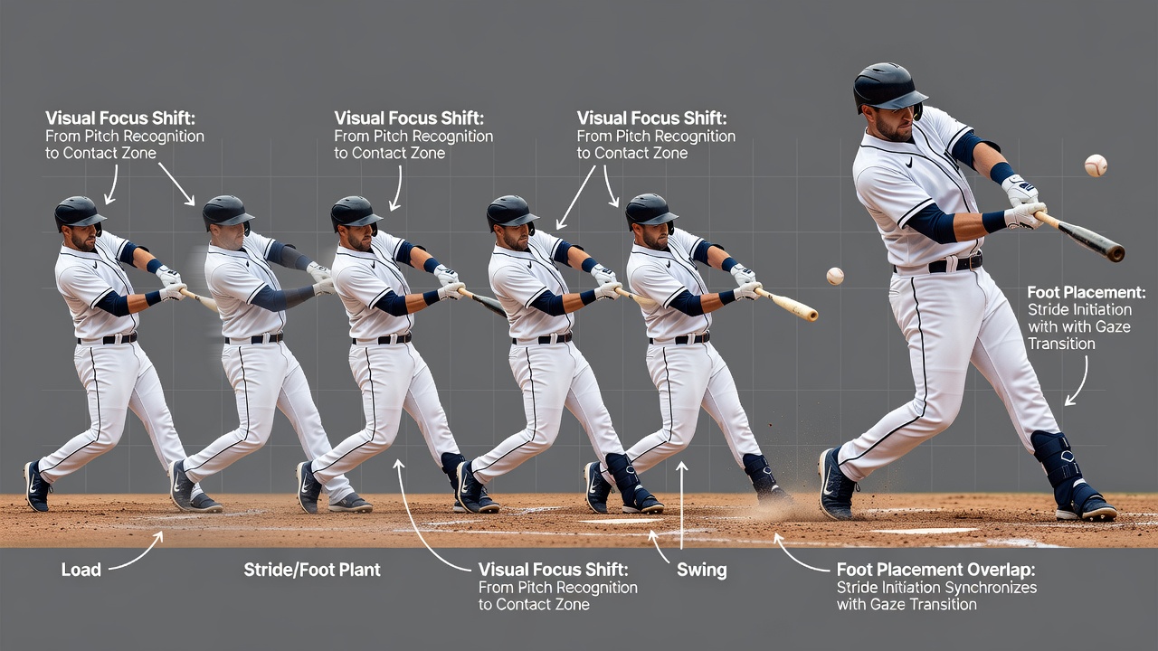 Close-up of pitch tracking overlay showing eye movement and foot placement timing on a baseball swing