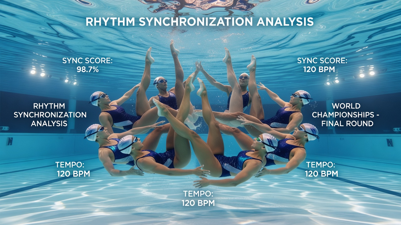 Underwater camera setup capturing synchronized swimming team routine during world championship competition