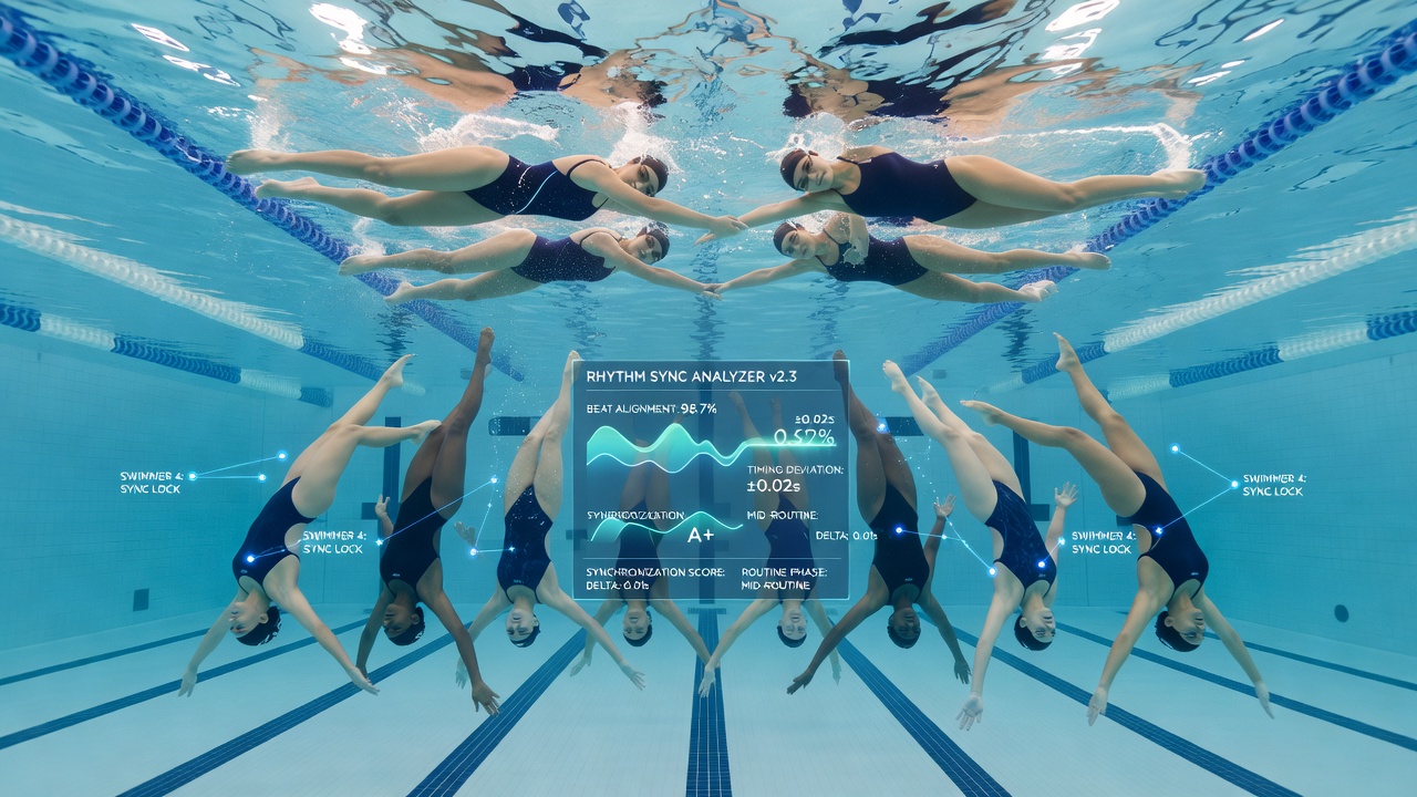 Frame-by-frame underwater analysis showing synchronized leg movements in artistic swimming team routine