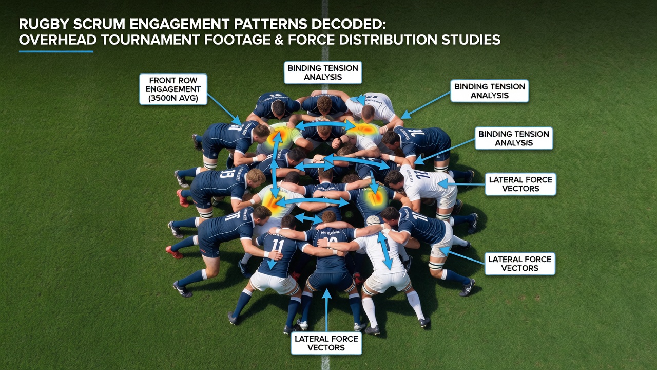 Overhead view of rugby scrum engagement during an international tournament match showing player positioning and initial contact