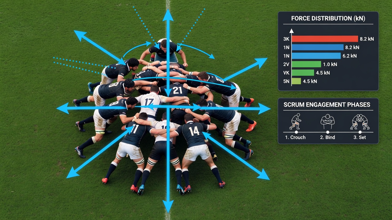 Force distribution diagram overlaid on rugby scrum footage illustrating pressure points during engagement