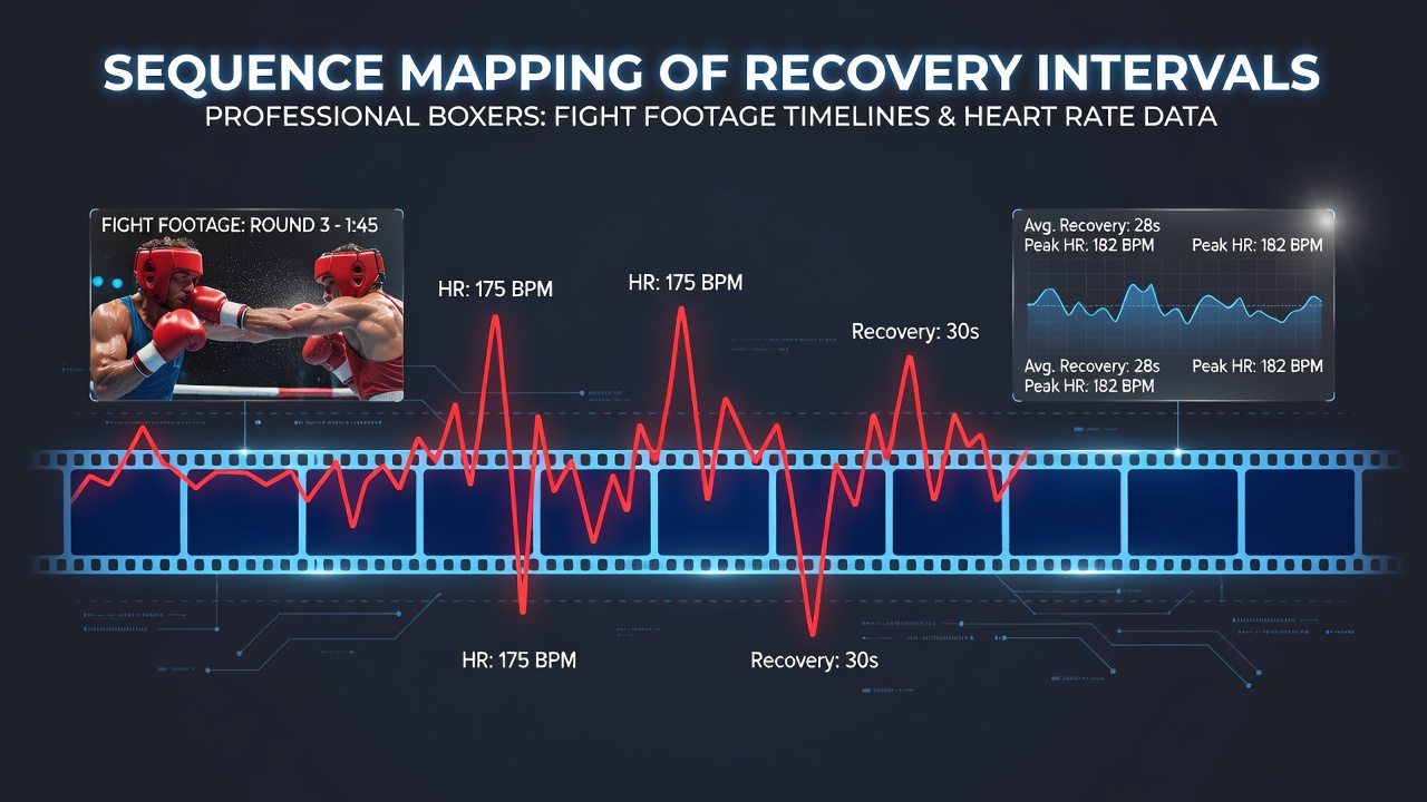 Professional boxer between rounds with heart rate data overlay timeline from fight footage analysis