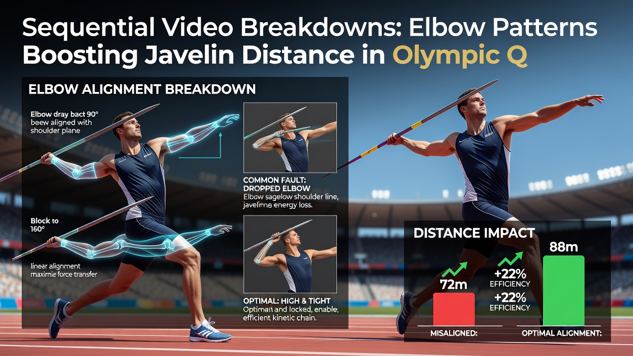 Detailed motion capture comparison illustrating optimal elbow positioning versus suboptimal alignment in javelin throwers during Olympic qualifier sessions
