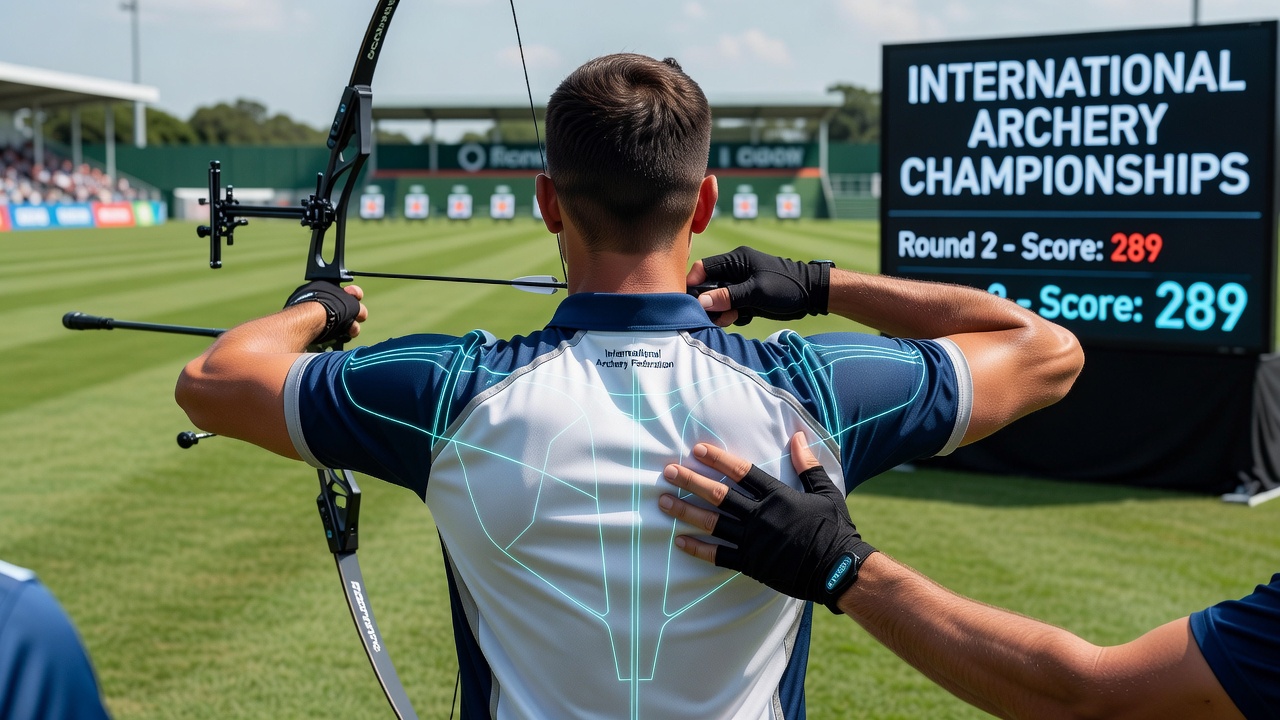Close-up rear-view analysis of an archer executing a shoulder alignment correction during draw
