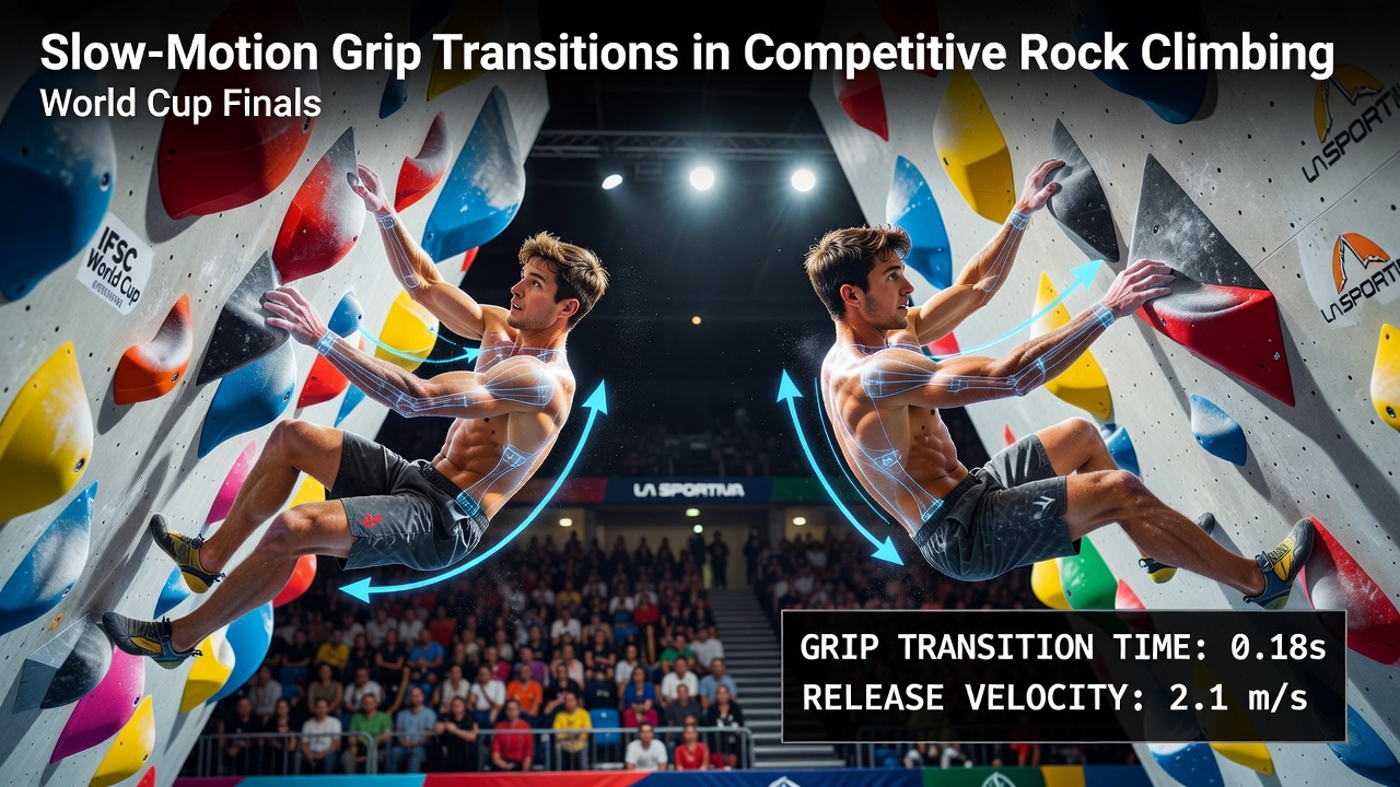 Slow-motion footage capturing a climber's grip transition on an overhanging route during World Cup finals