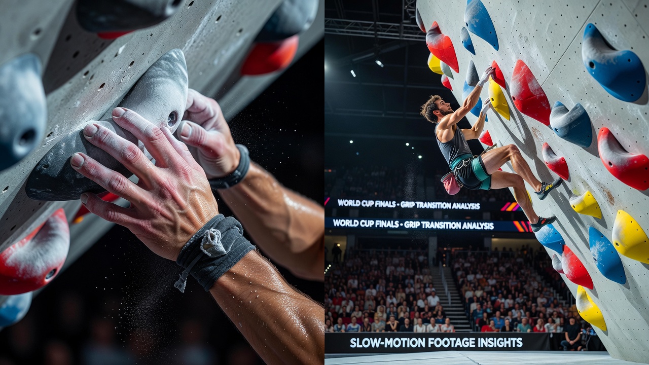 Detailed frame analysis showing finger placement changes during a grip transition on a competition climbing wall