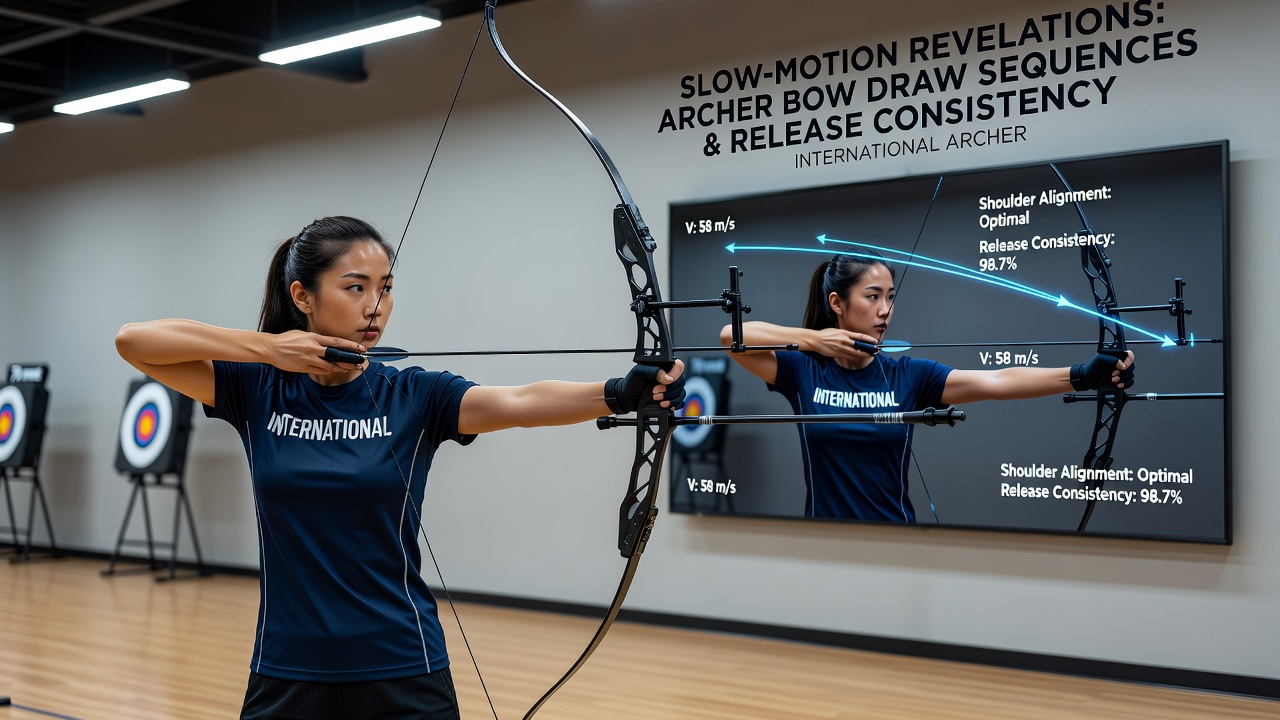 Close-up slow-motion analysis of archer release consistency showing finger separation and string path in an elite tournament setting