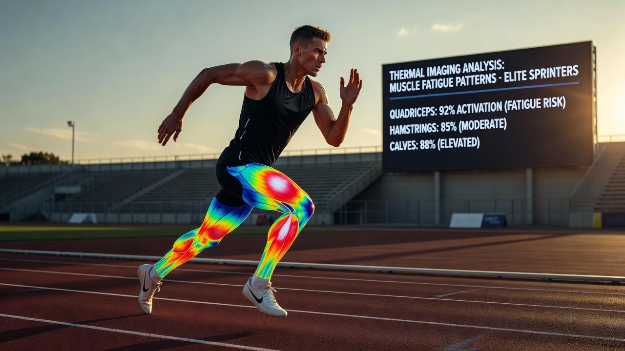 Side-by-side thermal images comparing pre-race and post-fatigue muscle temperature distribution in sprinters at a June 2026 evening meet