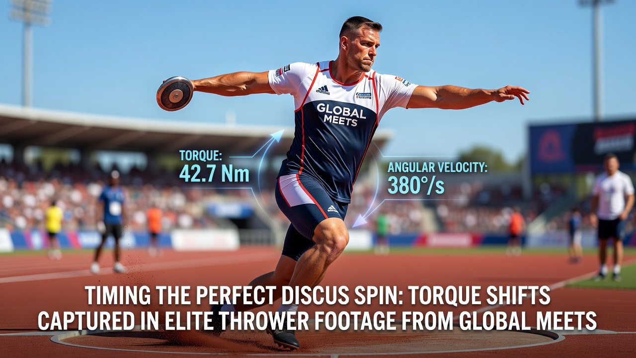 Elite discus thrower executing spin with visible torque alignment during global competition footage