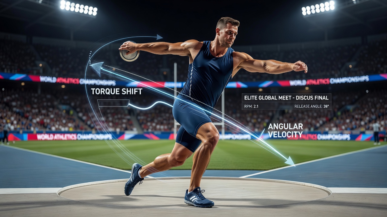 Side-by-side comparison of torque vector shifts in discus spin from two elite throwers at a major meet