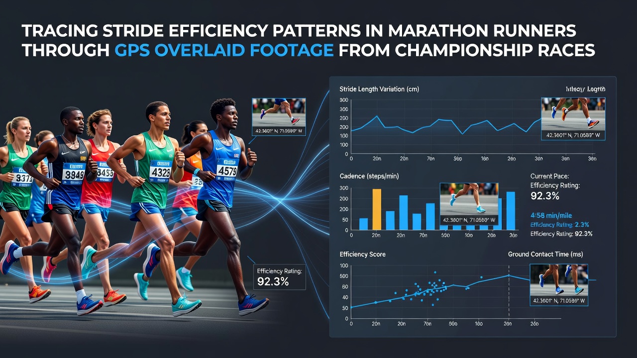 Marathon runners captured mid-stride with GPS data overlays showing pace and cadence during a championship event