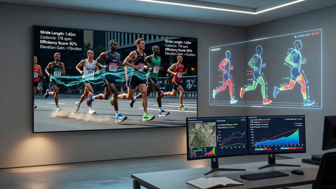Detailed GPS and video synchronization showing stride length variations at different race stages