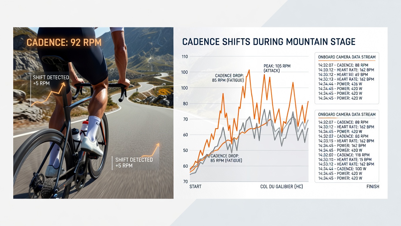 Close-up of power meter overlay on cycling footage showing real-time cadence, power output, and heart rate during a mountain ascent