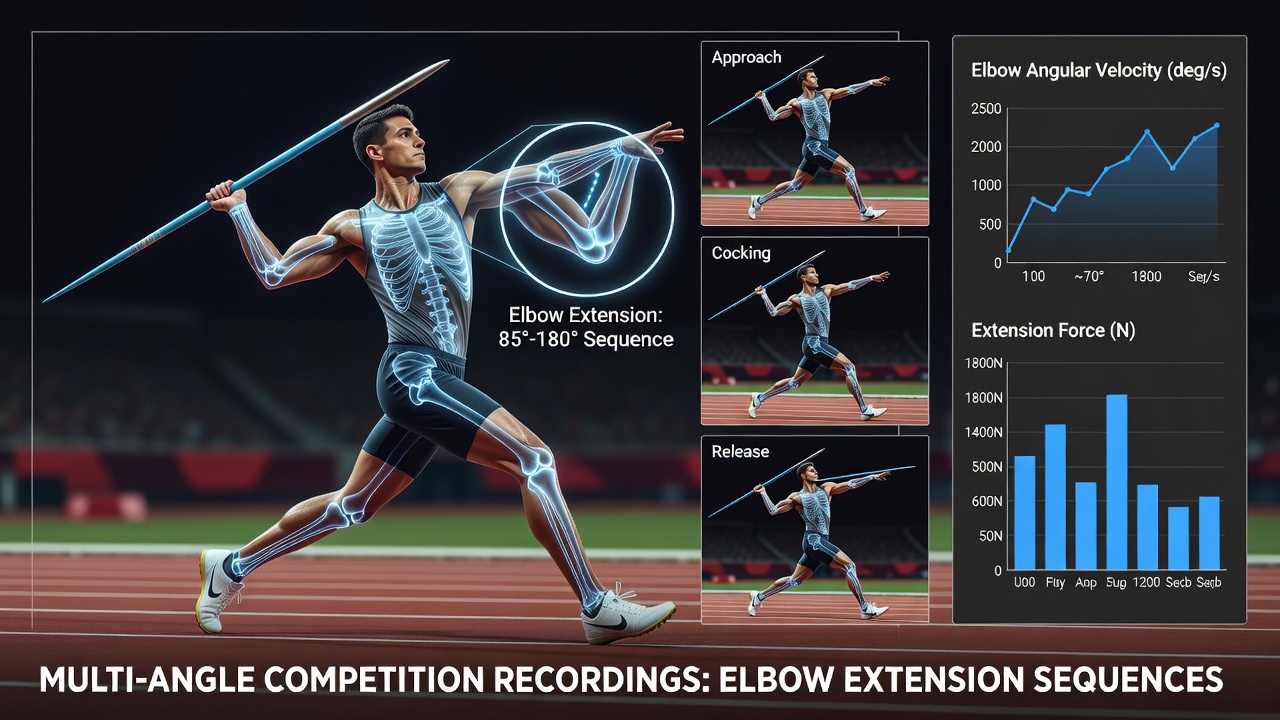 Side and overhead angle comparison of elbow extension in javelin throw with motion overlays