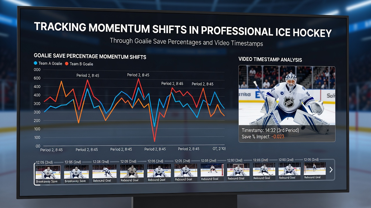 Hockey video analysis workstation displaying goalie save percentage graphs synced with game timestamps and play footage