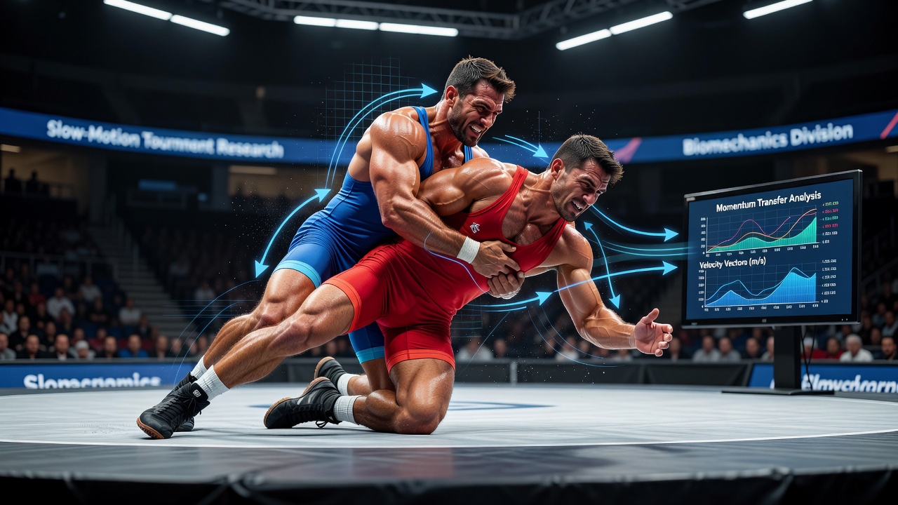Detailed slow-motion sequence showing center-of-mass trajectory and ground reaction forces during a high-crotch takedown in a professional wrestling match