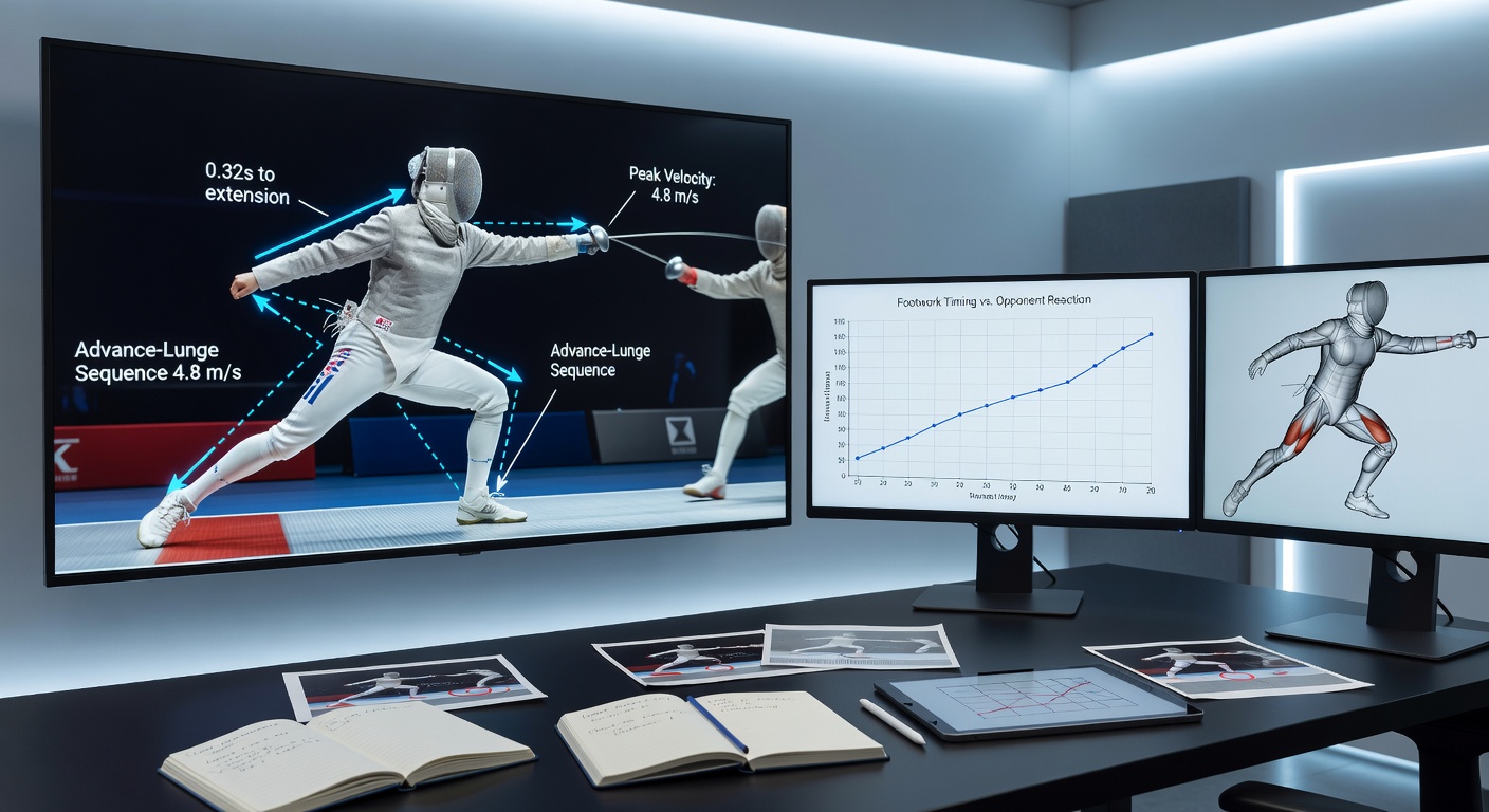 Slow-motion analysis of elite fencer footwork patterns during a tournament match with timing data overlays