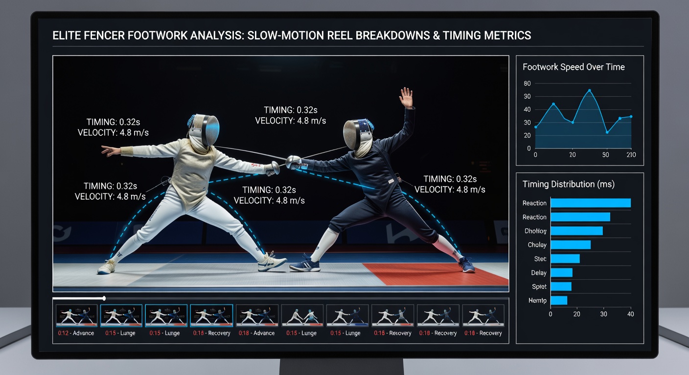 Timing data overlays applied to slow-motion fencing footwork during an international tournament