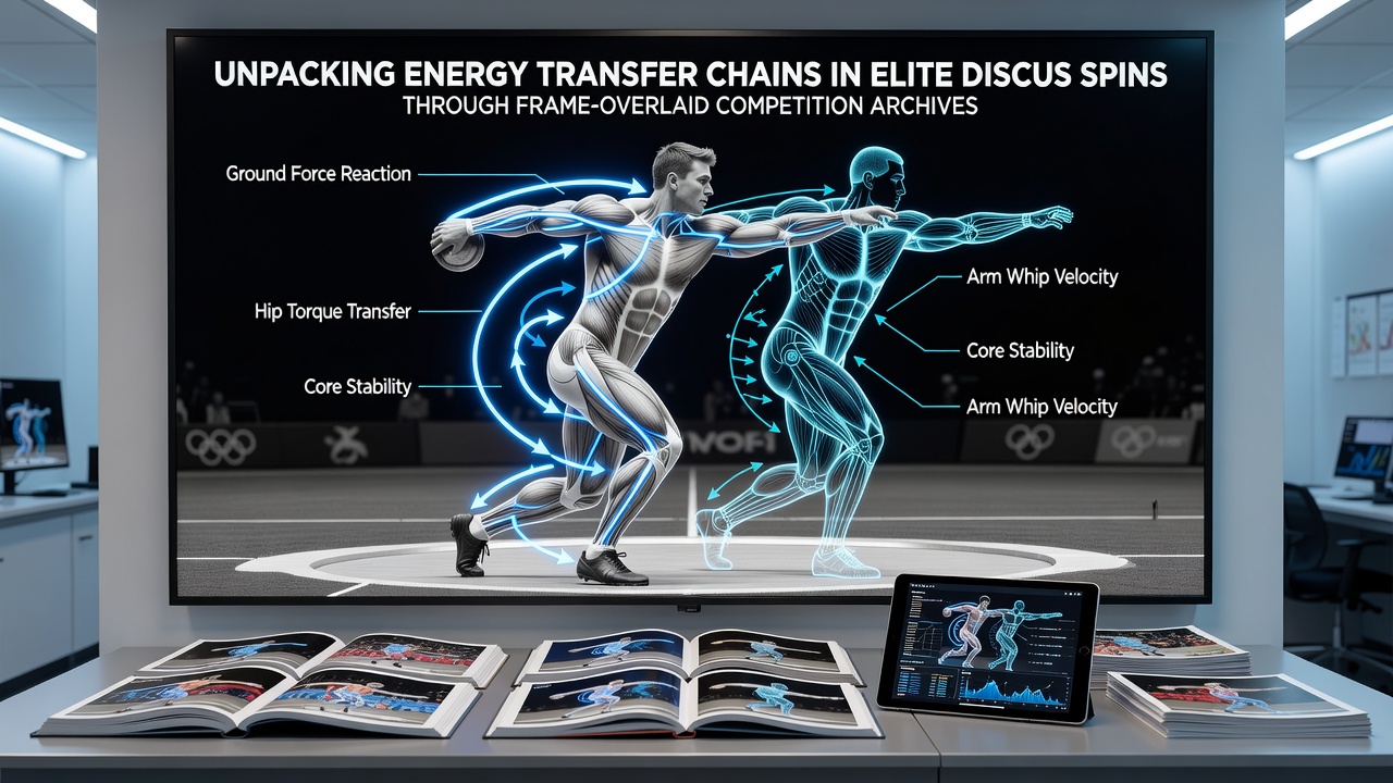 Frame-overlaid video analysis showing kinetic chain progression during an elite discus spin from competition archives