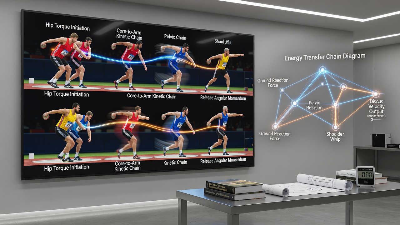 Detailed frame overlay highlighting torque and velocity changes in the mid-spin phase of an elite discus throw
