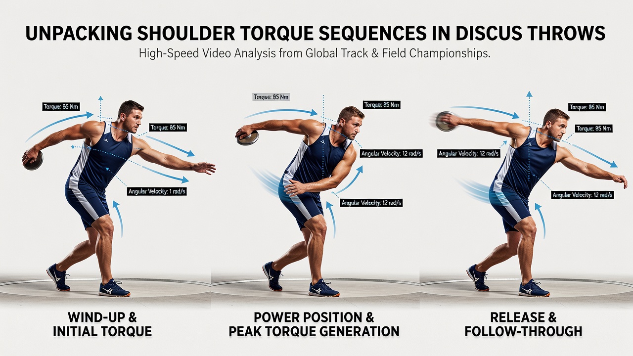 Close-up slow-motion sequence of discus release highlighting shoulder torque application and arm extension