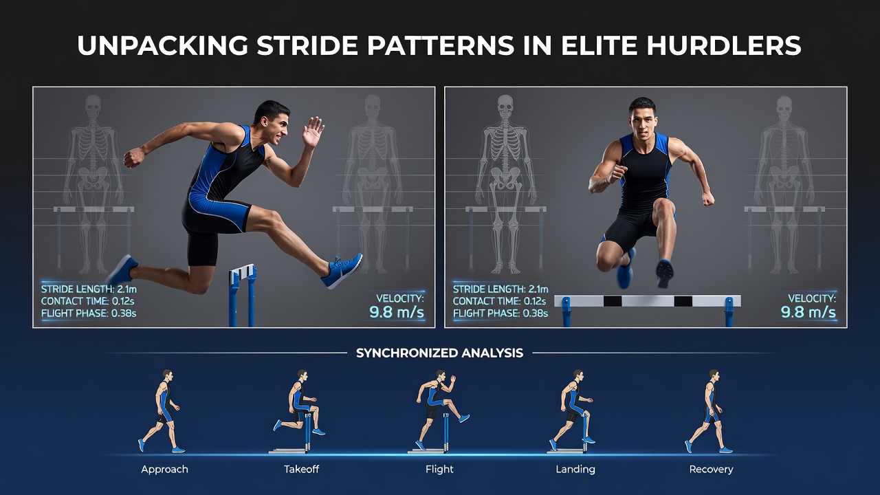 Elite hurdlers adjusting stride patterns on different track surfaces during wind-affected races