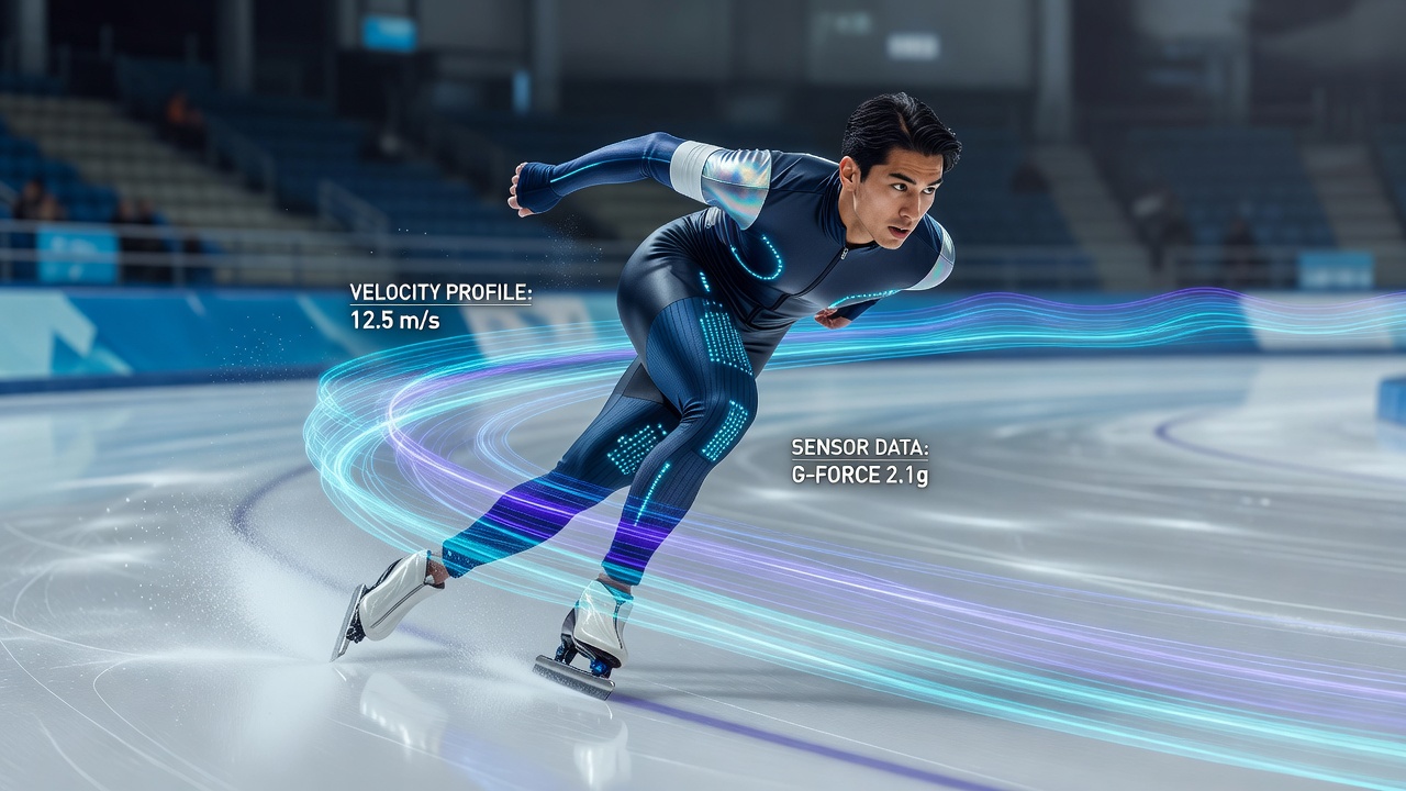 Sensor data overlay showing velocity changes during a speed skating curve at a winter competition